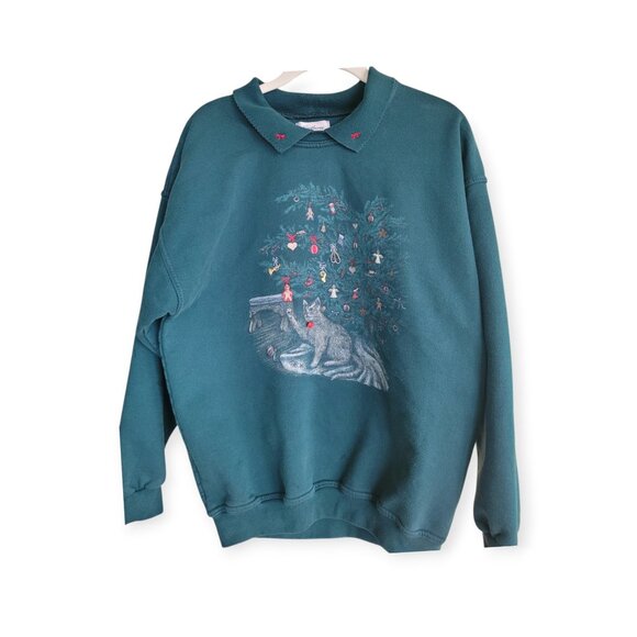 Vintage 90s Northern Treasures Cat Christmas Tree Collared Sweatshirt Green S - Picture 9 of 9